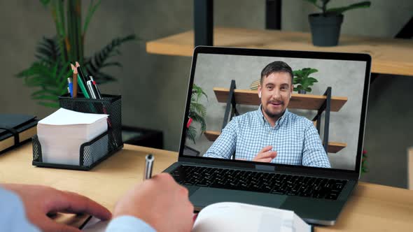 Smiling Businessman in Laptop Screen Talk Top Manager Company Online Video Call alt