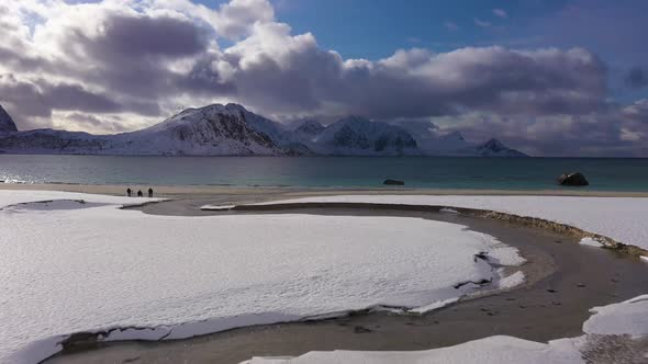 Haukland Beach, Creek and Mountains. Lofoten Islands, Norway. Aerial View alt