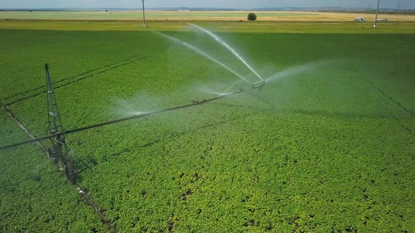 Round Flight Over Irrigation System on Field at Sunny Summer Day, Aerial Shot