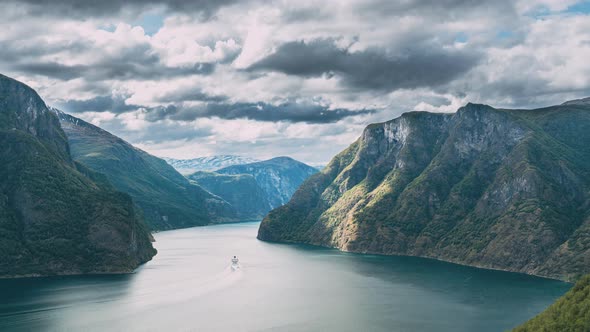 Aurland, Sogn And Fjordane Fjord, Norway. Amazing Summer Scenic View Of Sogn Og Fjordane. Ship Or alt
