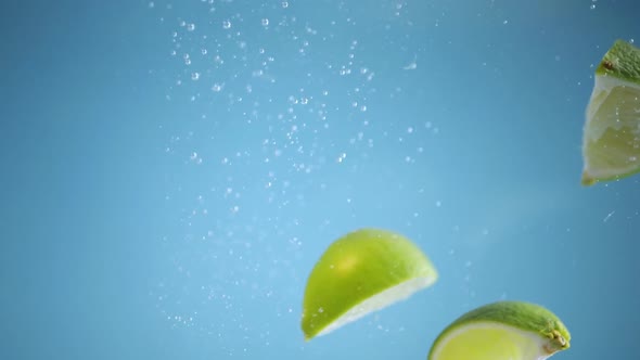 Super slow motion shot of lemons and limes falling into the water with a splash. Blue background.