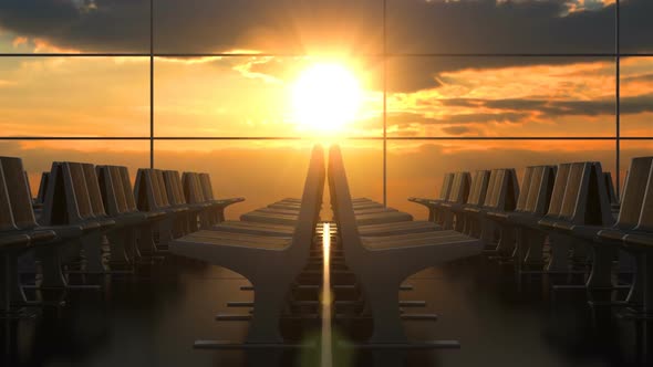 Empty Airport Departure Hall Against Scenic Sunset alt