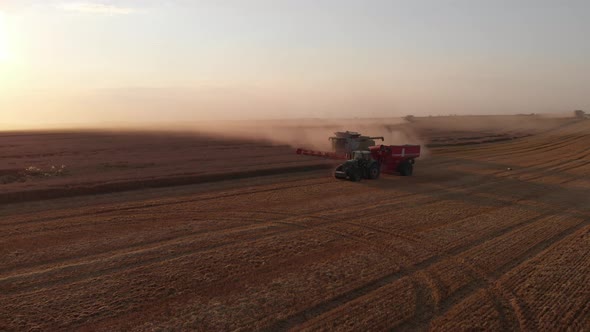 Aerial shot: combine pouring harvested wheat into tractor tipper