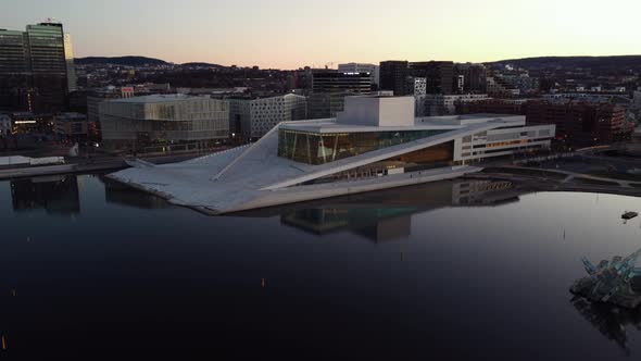 Aerial Shot of Oslo Opera House, Bjørvika with Fjord Reflections (Dawn) alt