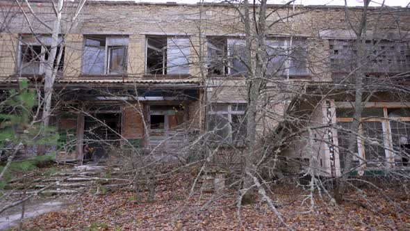 Steady Shot of Old Abandoned Hospital Building In Ghost Town Pripyat Ukraine Chernobyl Disaster alt