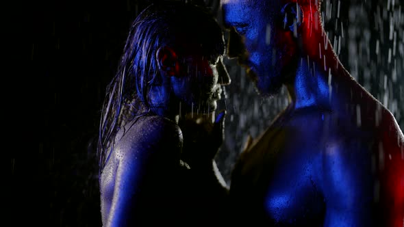 Love Feelings and Excitement of Loving Couple in Rain in Night Sensual Embrace alt