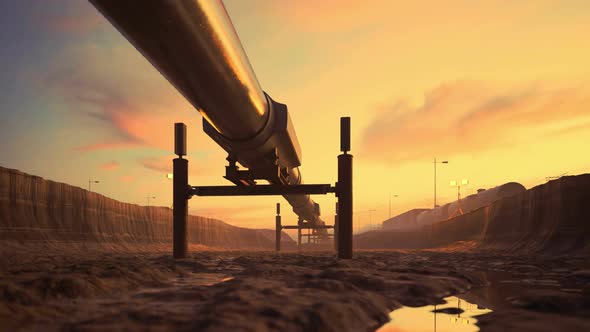 A pipeline running through the flooded excavation full of mud. Fuel transport. alt