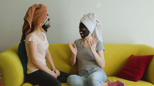 Collage Two Girls Wearing Facial Cosmetic Mask Talk They Spend Time Together alt