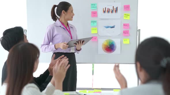 Businesswoman Proficiently Present Work Project Receive Celebrations From Team alt