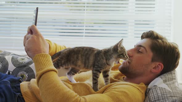Young man lying on sofa using mobile phone while cat walking on him 4K 4k alt