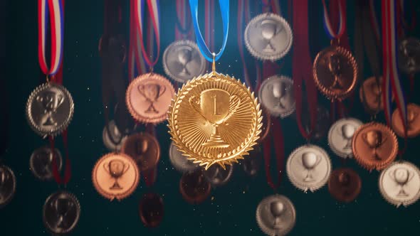 Gold medal for the top winner. Shiny sports award with ribbon. Victory. Trophy alt