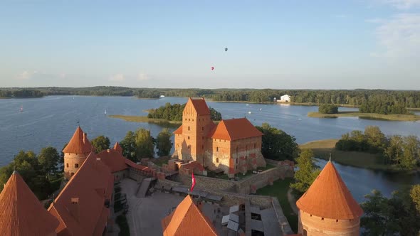 Hot Air Balloons Flying Over Beautiful Lakes and Islands in Lithuania Near alt