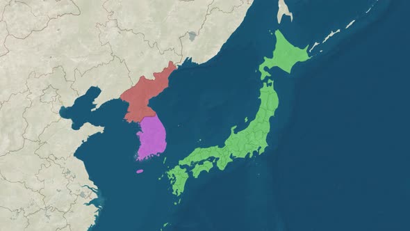 Zoom in to the Map of Japan North and South Korea with Text Textless alt