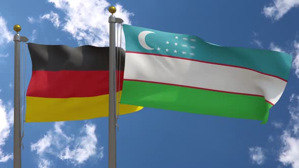 Germany Flag Vs Uzbekistan On Flagpole alt