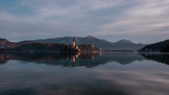 Timelapse of Bled lake at sunrise alt