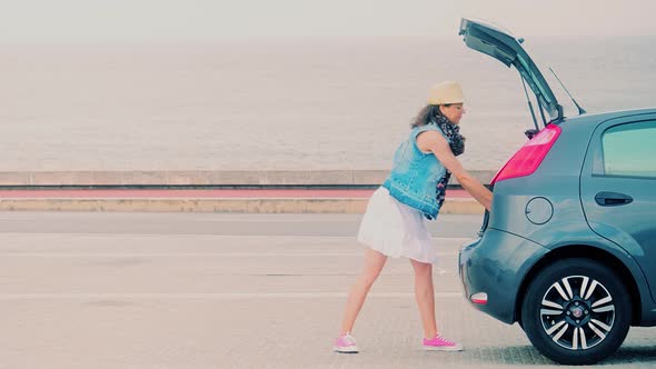 Woman Travels By Car, Going To Relaxing at Seaside, Summer Travel. Summer Time