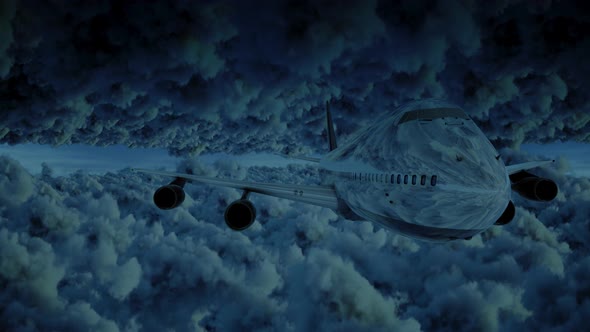 Airplane Front View Fyling Between Storm Clouds At Night Moonlight alt