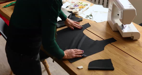 Step by step, woman dressmaker female measuring sewing pattern On Table alt