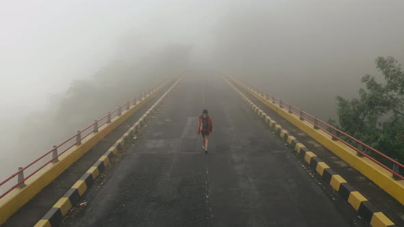 Tourist Goes Along Mountain Bridge in Mist, Aerial View alt