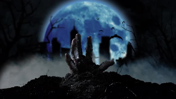 From the Grave Slowly Emerging Human Hand in the Background Cemetery and Moon. Smoky Background alt