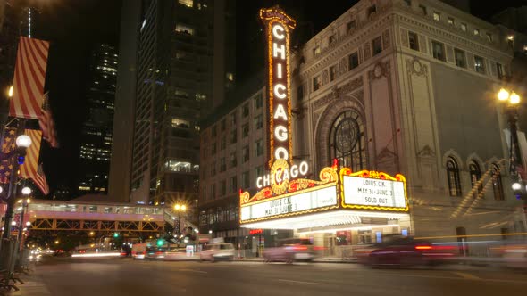 Chicago Theater Light and Cars at Night