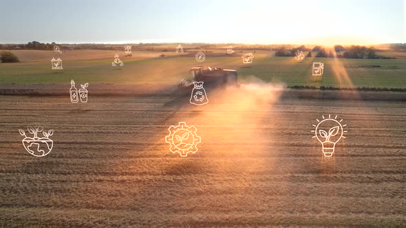 Ecological Green Energy Icons Concept Drone Shot Of Harvester In A Cornfield Sunset Tracking Shot