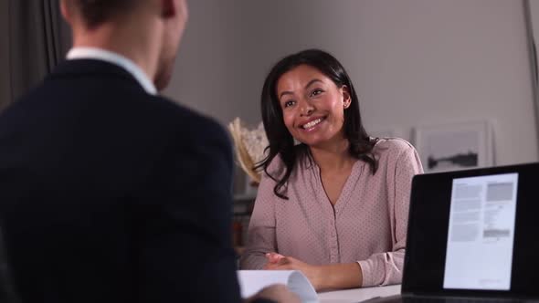 Woman Job Candidate Talks to Recruit Man in Office and Smiles alt