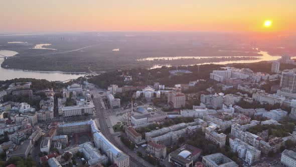 Ukraine, Kyiv : City Center in the Morning at Sunrise. Aerial View. Kiev. alt