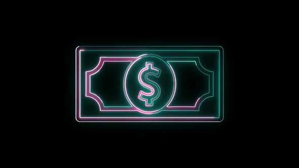 Glowing neon line banknote dollar icon isolated on black background. Banking currency sign. alt