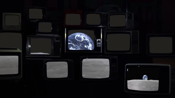 Earthrise over the Moon Surface on Retro Televisions. alt