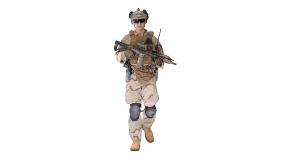US Army Soldier in Combat Uniform Walking on White Background. alt