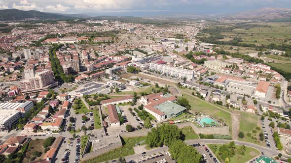 Aerial panoramic circling view of Chaves city in Portugal alt