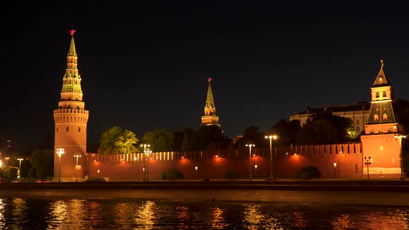 Kremlin Wall and Towers on the Banks of the Moscow River at Night