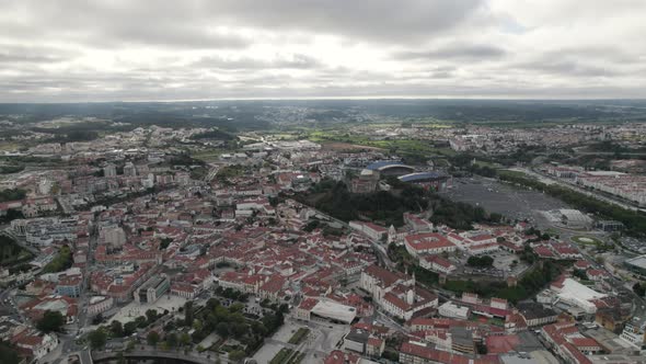 Drone view of Leiria castle surrounded by historic Leiria city; Portugal