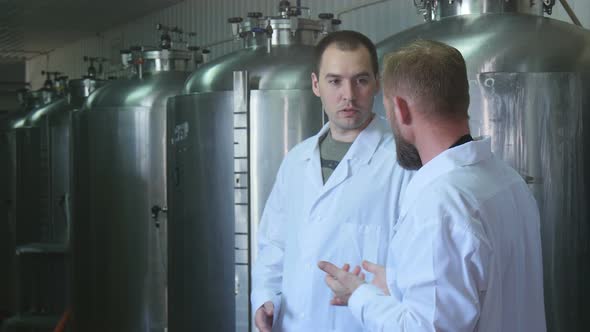 Two Mens Working at Brewery, Meeting on Beer Production