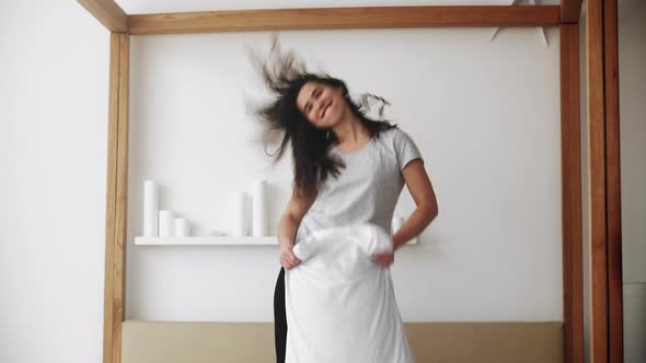 Bedroom Fun Happy Morning Woman Pillow Dancing Bed alt