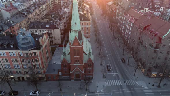 Aerial View of Church and City Street in Stockholm