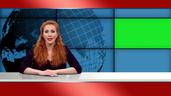 Beautiful Red Headed Female Anchor Tells Breaking News in Broadcasting Studio with Green Screen