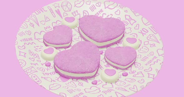 Minimal motion design. 3d creative pink cookies heart at plate in pink abstract space.