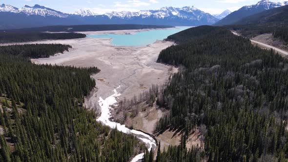 Aerial View Of Abraham Lake and trees In Alberta Canada alt