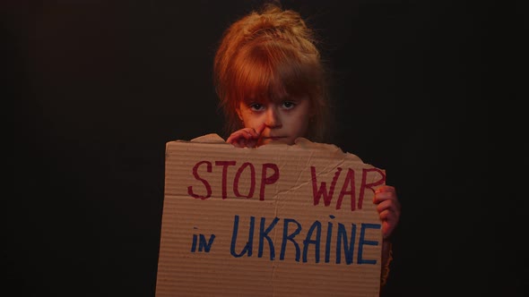 Homeless Girl Kid Showing Cardboard Massage Hands Off Ukraine Crisis War No Peace Stop Aggression alt