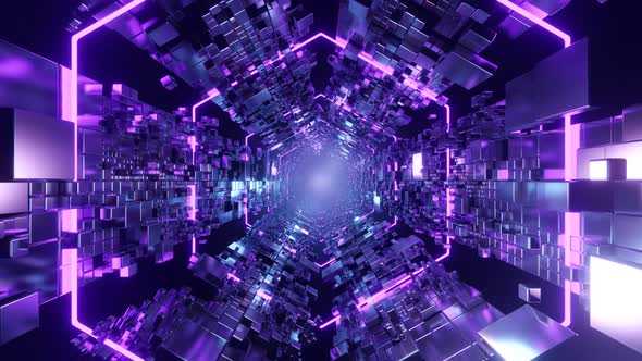 Seamless Loop Motion Graphic of Flying into Steel Hexagon Tunnel with Neon Lights