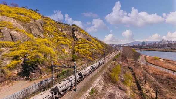 Time Lapse Seoul Train at Eungbongsan Mountain in Spring in Seoul South Korea