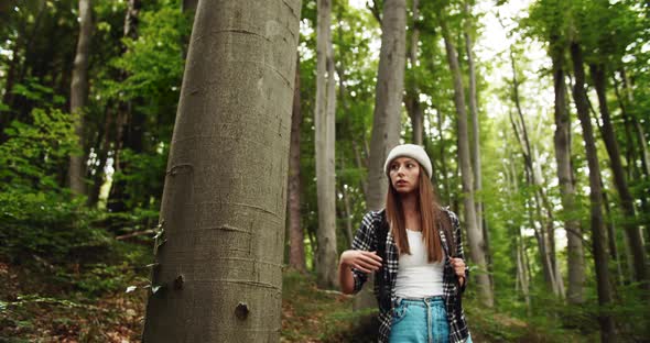 Woman Tourist with Backpack Walking in Forest