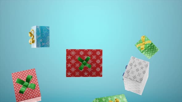 3D rendering. Flying green, blue and white gift boxes on a blue background