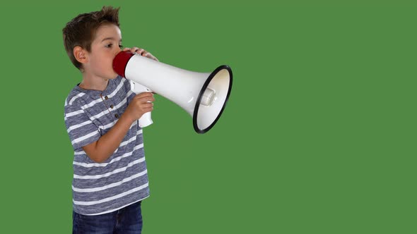 Side View Little Boy With Megaphone on Green Screen