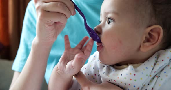 Mother Holds the Baby in Her Arms and Feeds Her Boy with a Spoon alt