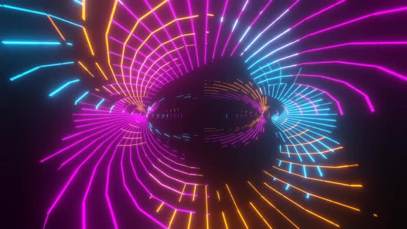 Endless futuristic space tunnel with neon lights. Multicolored motion graphics