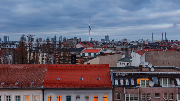 Day to Night Aerial View Time Lapse of Berlin with Television Tower, Berlin, Germany alt