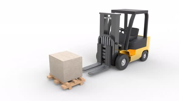 Forklift moving and lifting up cardboard box pallet on white background
